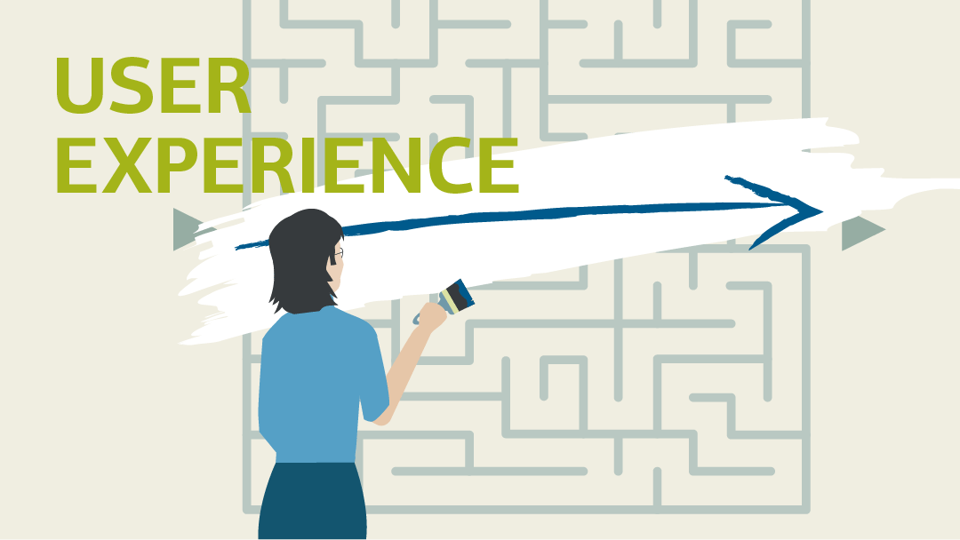 Illustration for user experience: a woman is overpainting a labyrinth