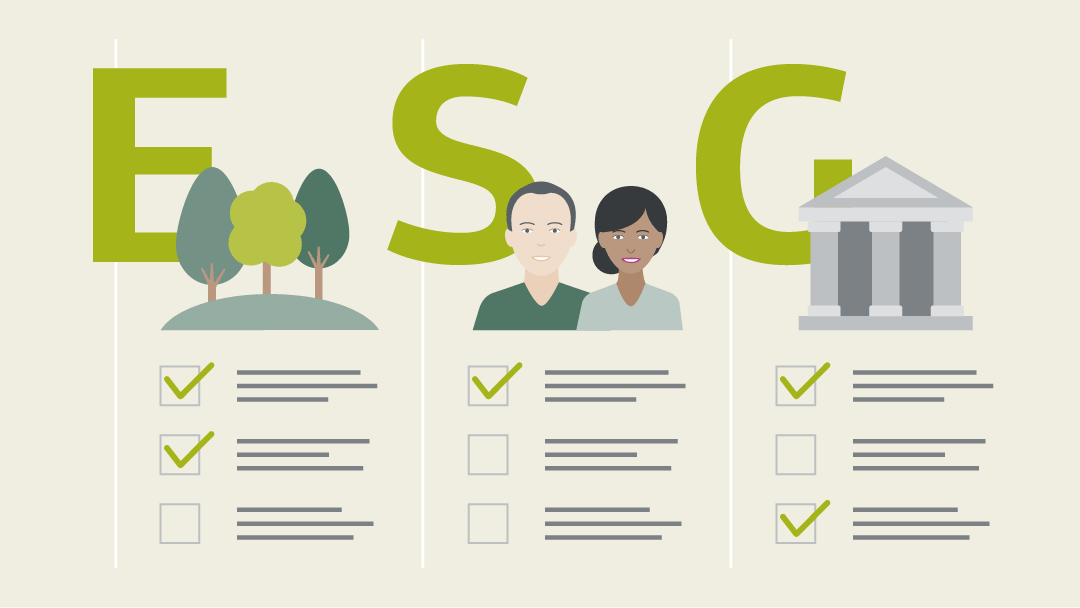 Illustration zu ESG-Kriterien: Bäume für Environment, Personen für Social, Gebäude für Government