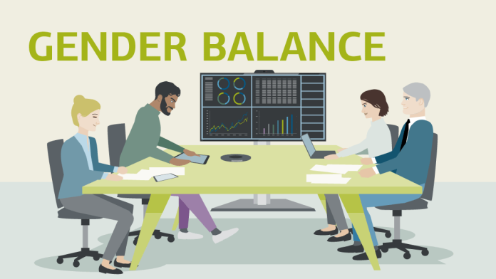 Illustration zu Gender Balance: 2 Männer und 2 Frauen sitzen an einem Tisch
