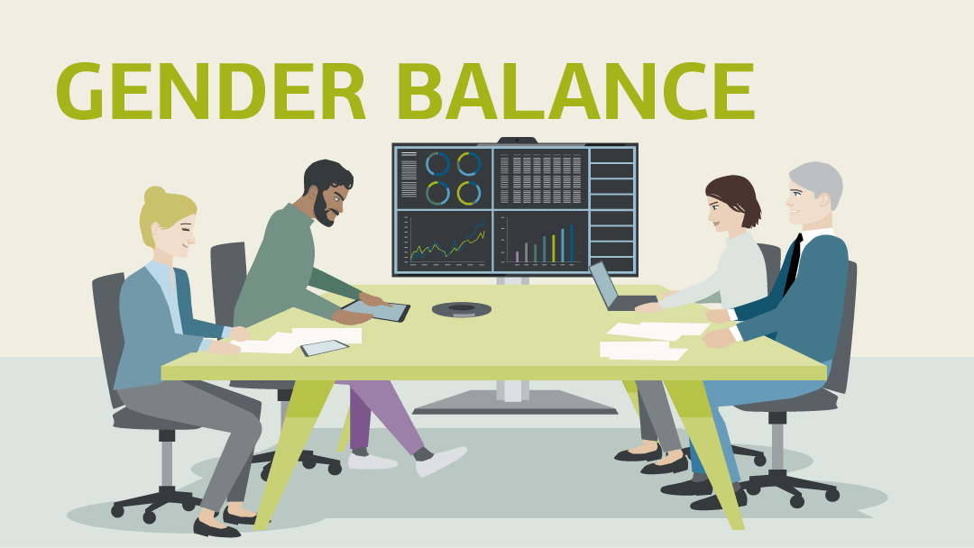 Illustration zu Gender Balance: 2 Männer und 2 Frauen sitzen an einem Tisch