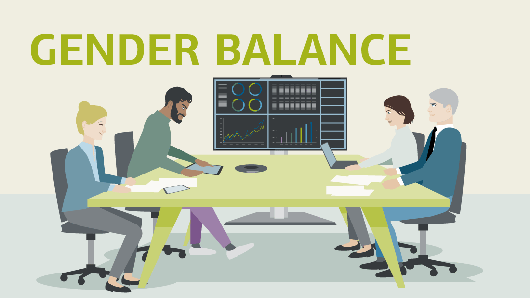 Ilustration for "gender balance": 2 woman and 2 man are sitting arround a office desk