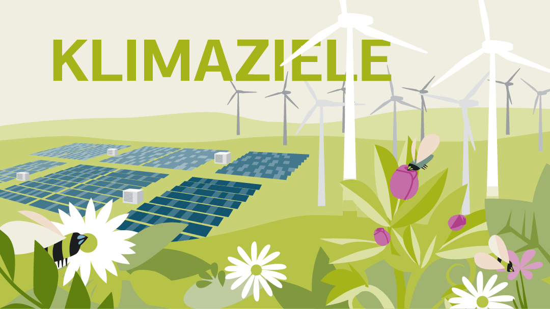 Illustration zu Klimaziele: Wiese mit Blumen, Bienen und Windrädern