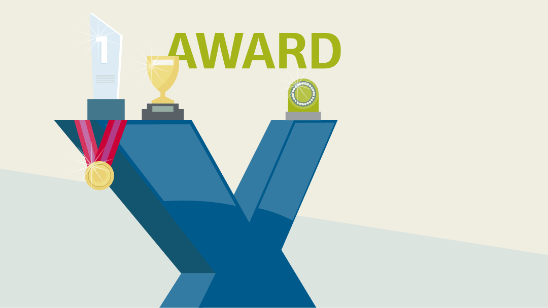 Illustration for awards: a massive X (for KfW IPEX-Bank), trophys and medals are lying and hanging on the X