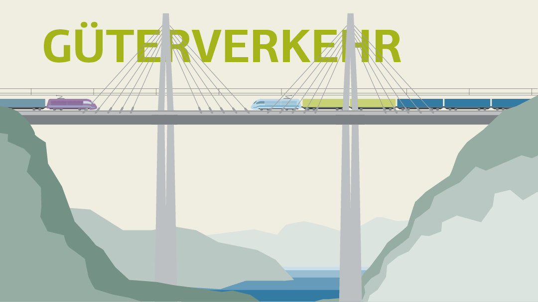 Illustration zu Güterverkehr: Brücke mit Güterzügen