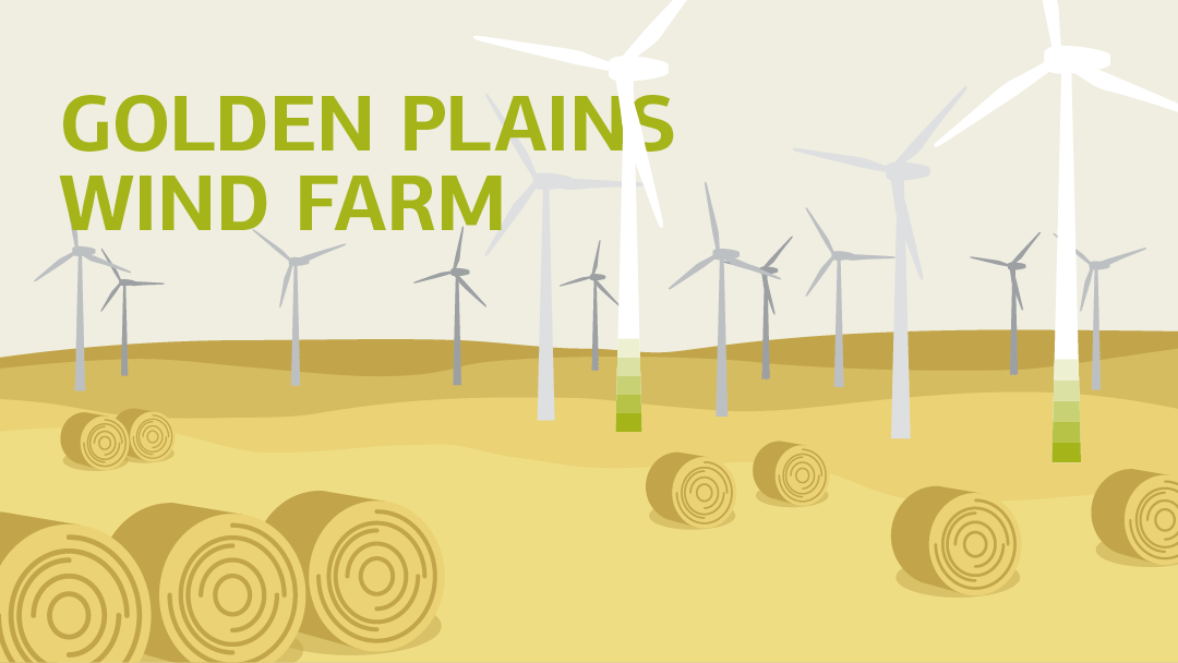 Illustration for Golden Plains wind farm: Wind turbines in a landscape of golden fields