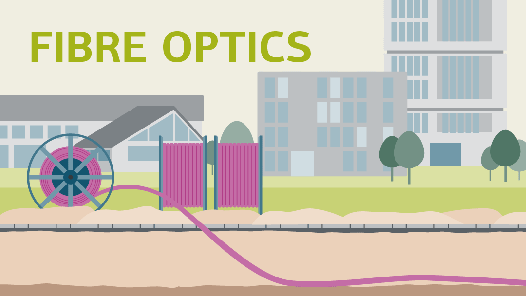 Illustration for digital infrastructer: A thick cable laid in a trench and several cable drums in front of houses