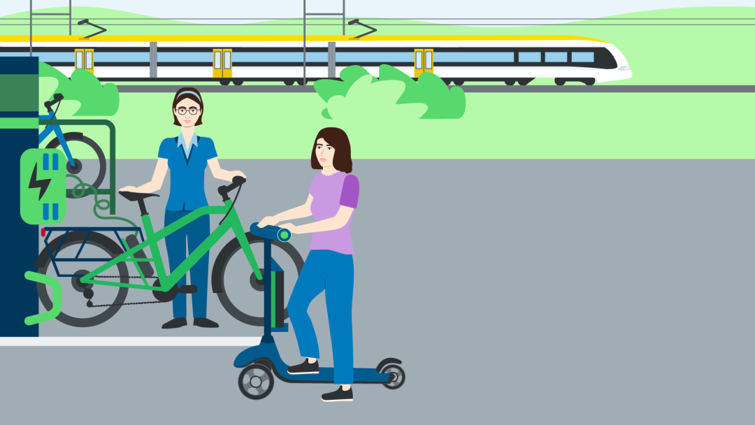 Illustration zeigt nachhaltige Verkehrsmittel: Zug, E-Fahrrad und E-Scooter sowie zwei Personen