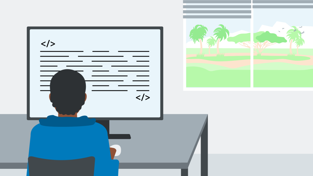 Illustration shows a person from behind, programming on the desktop, next to a window showing a rural environment