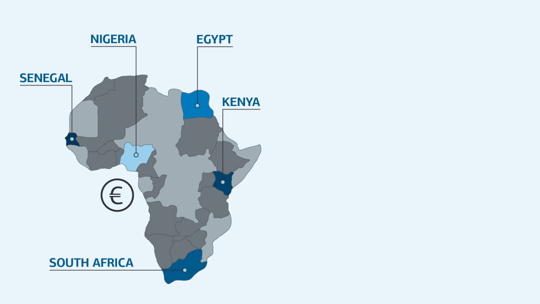 Illustration zeigt Afrika-Karte mit Highlights auf Nigeria, Ägypten, Kenia, Senegal und Südafrika