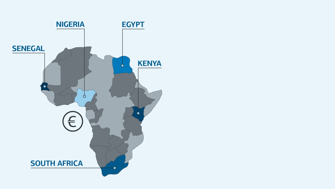 Illustration shows map of Africa with highlights on Nigeria, Egypt, Kenya, Senegal and South Africa