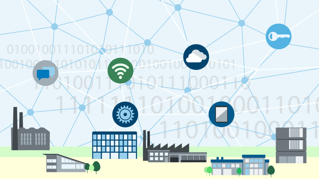 Illustration for transformation: several industrial buildings connected with each other by network lines