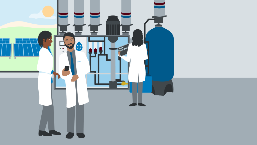 Illustration zeigt eine Trinkwasseraufbereitung sowie drei Mitarbeiter in weißen Kitteln und ein Fenster, durch das PV-Anlagen sichtbar sind