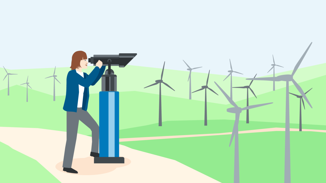 Illustration for Outlook 2024: Person looking through a telescope, wind turbines in the background