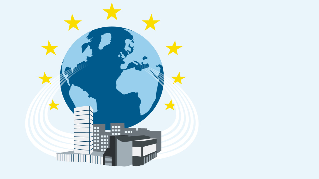 Illustration for Capital Market: Office building in front of a globe surrounded by the stars of the EU