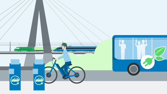 Illustration zeigt nachhaltige Verkwehrsmittel wie einen Fahrradfahrer, einen E-Bus und eine Bahn