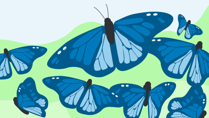Illustration zeigt blaue Schmetterlinge vor einer grünen Landschaft