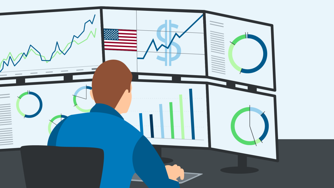 Illustration shows a trader sitting in front of screens with many charts