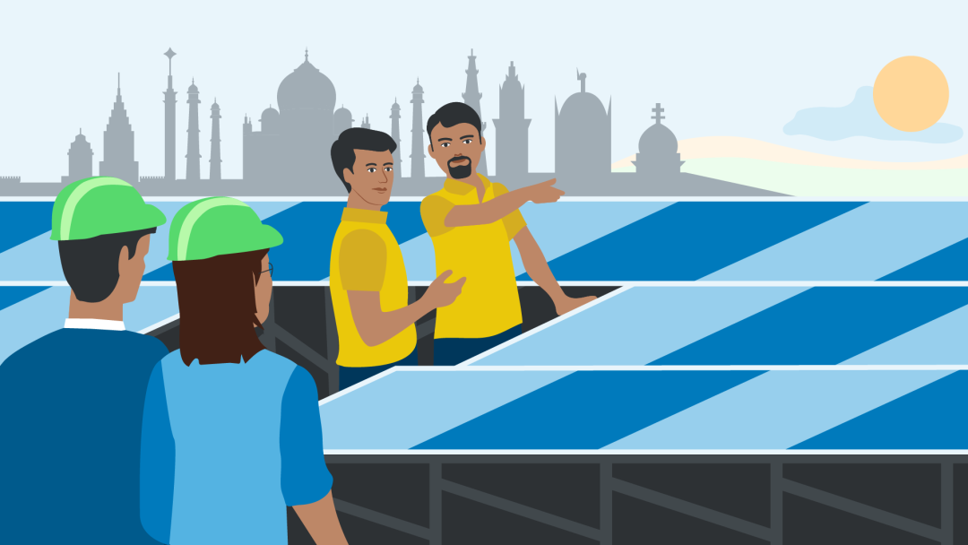 Illustration shows four people at a solar plant, two wearing helmets; the Taj Mahal can be seen in the background