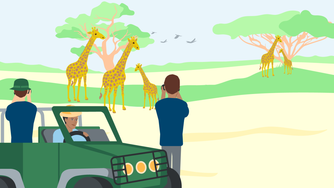 Illustration shows three rangers with a camera in a car for traffic monitoring and control in the Serengeti Park