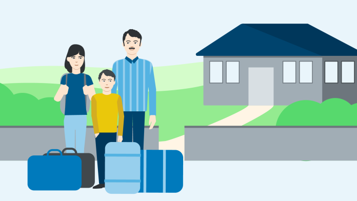 Illustration with a family consisting of a man, a woman and a child standing in front of a house with suitcases