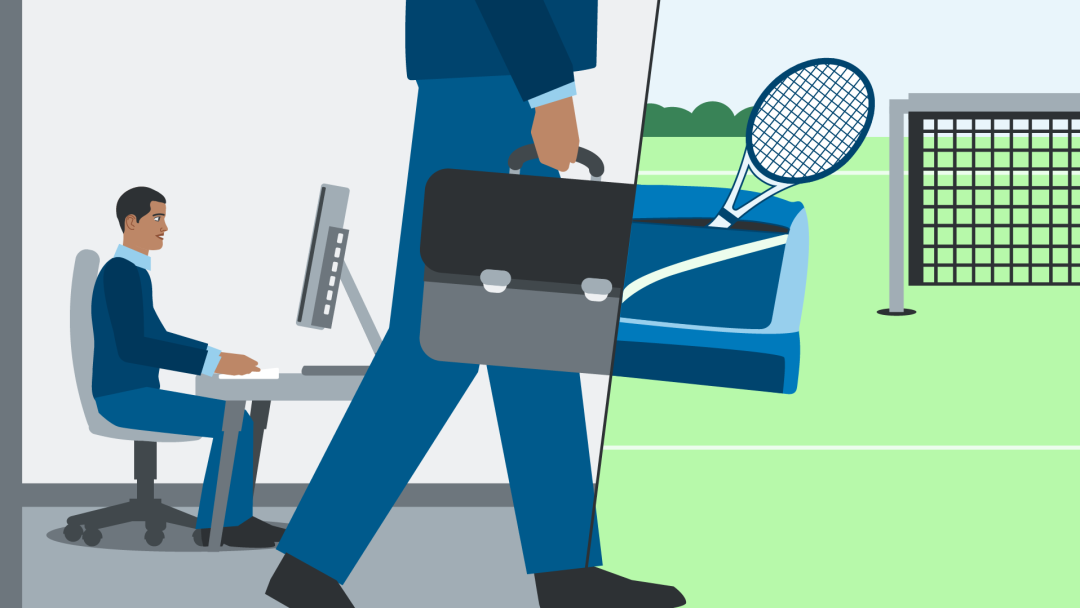 Illustration shows a person working at a desk and then going to the tennis court