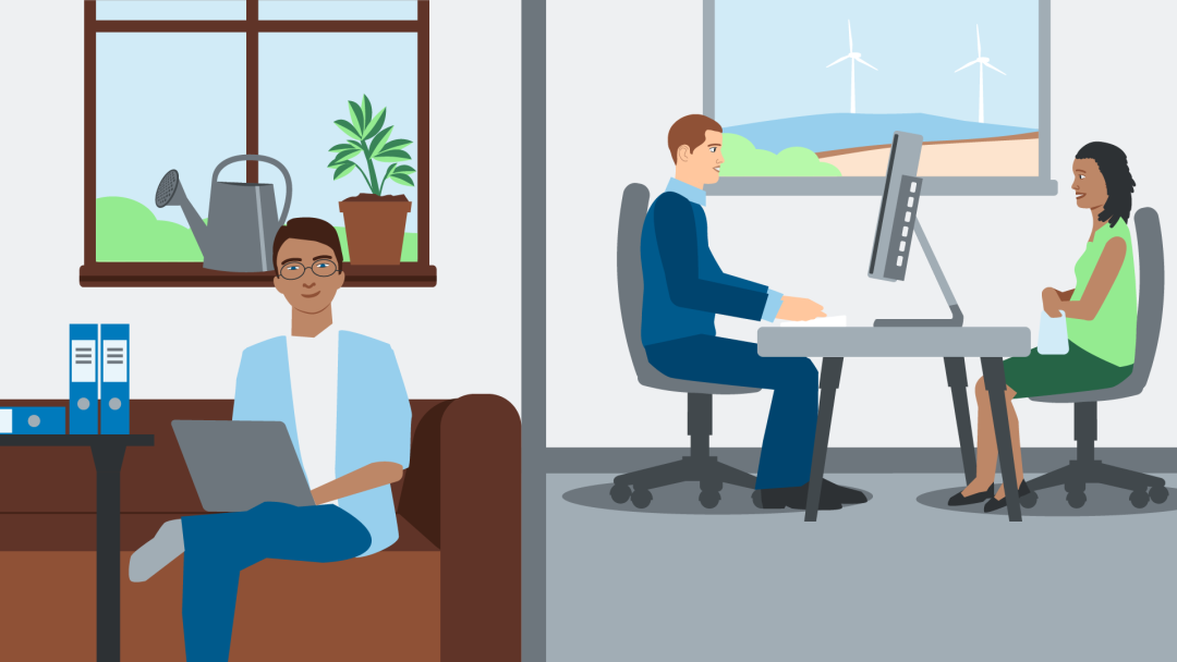 Illustration zeigt eine Person auf einem Sofa mit Laptop und zwei Personen, die im Büro am Schreibtisch arbeiten