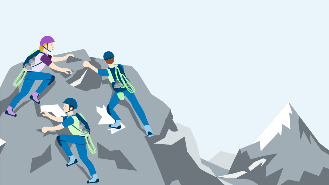 Illustration zeigt drei Personen, die bergsteigen