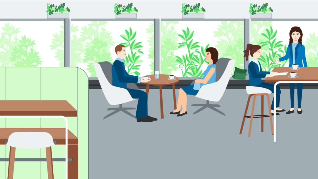 Illustration shows people in a cafeteria