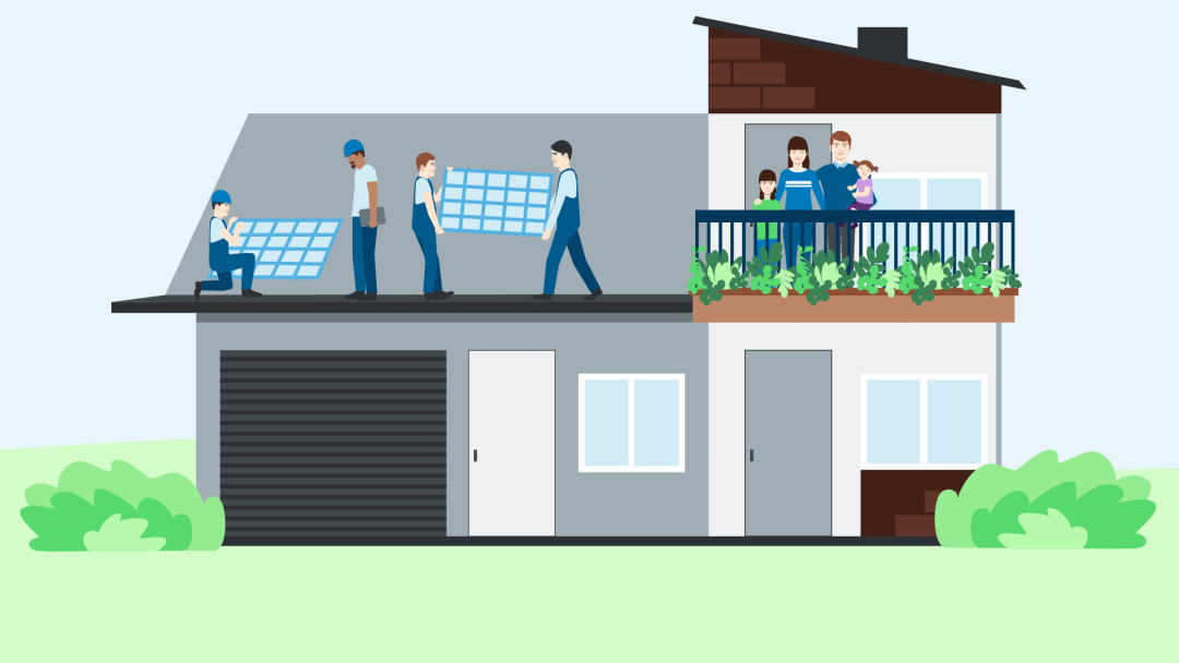 Illustration shows a house with a family on the balcony, next to it workmen are installing a PV system on the roof
