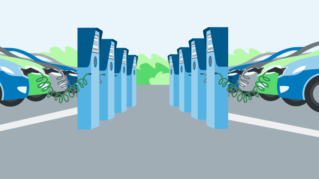Illustration zeigt acht Ladesäulen für E-Autos, an denen Autos stehen