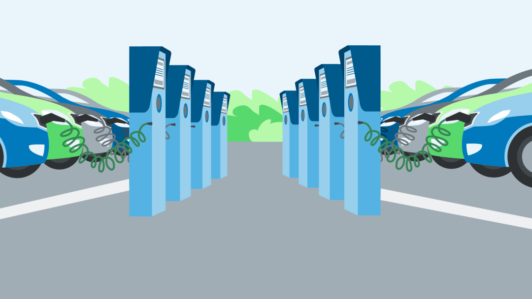 Illustration shows eight charging points for electric cars with cars parked at them