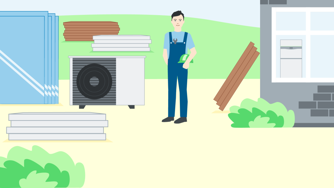 Illustration zeigt einen Handwerker mit einer Wärmepumpe und neuem Material für eine Haussanierung