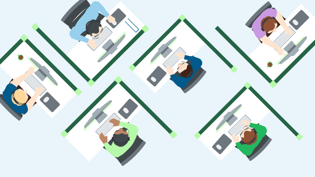 Illustration of a top view of several service staff at work desks with computers