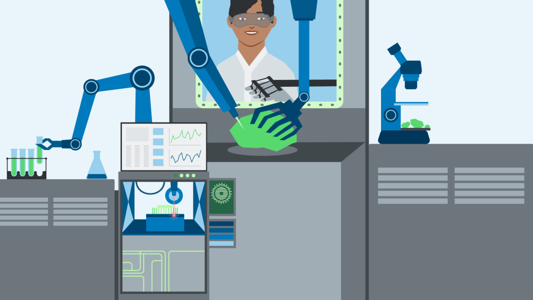Illustration zeigt eine Frau mit weißem Kittel im Labor, die innovative Robotertechnik bedient