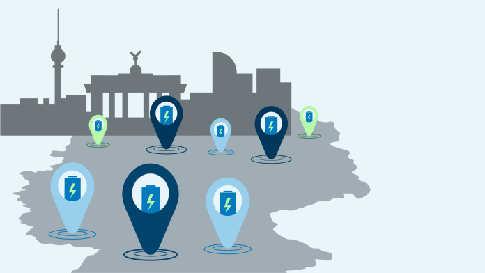 Illustration of a map of Germany with e-charging stations