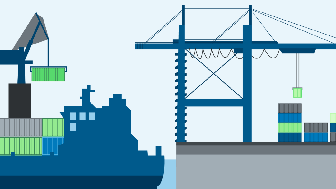 Illustration zu Exportwirtschaft: ein Containerschiff wird im Hafen beladen