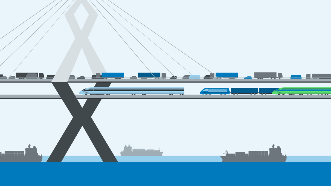 Illustration zu Strukturierungskompetenz: Brücke mit Verkehr, Zug und Schiff