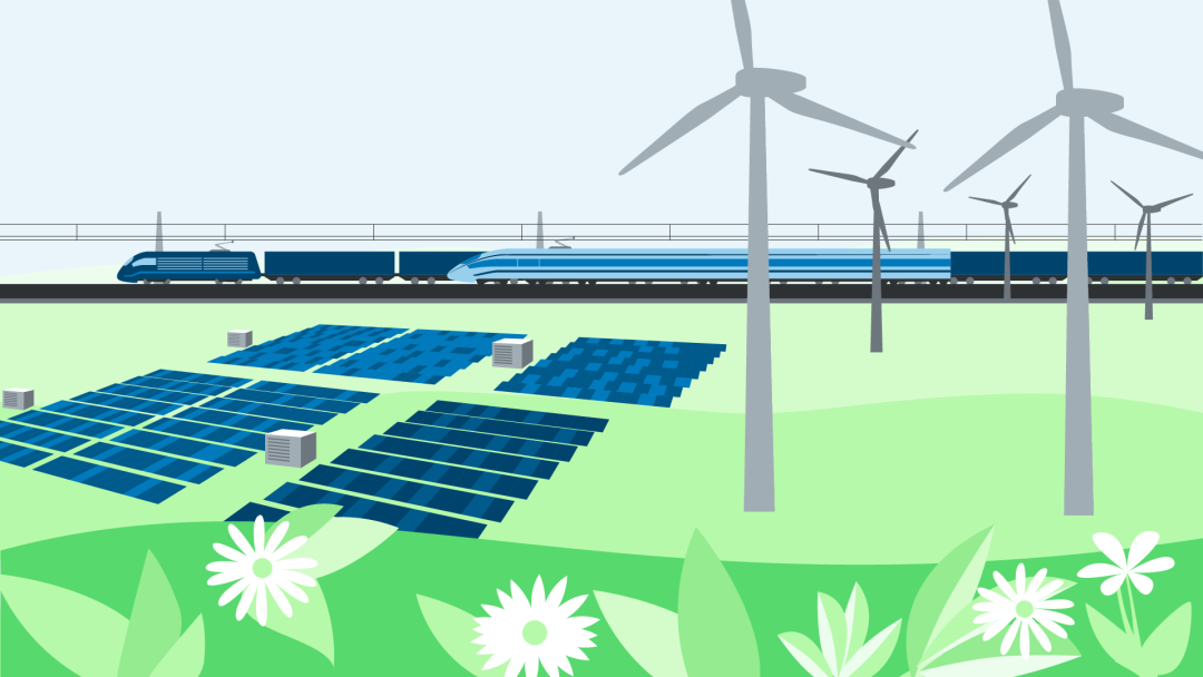 Illustration for climate goals: grassland with flowers, a train and wind engines