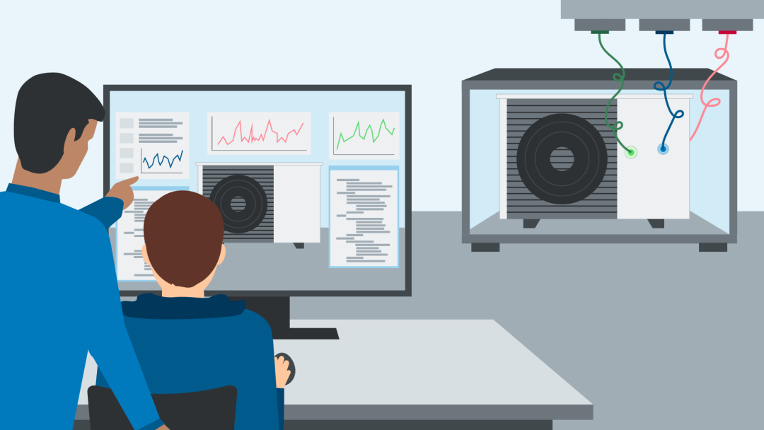 Illustration of heat pump development and research; two people sitting in front of a screen looking at a heat pump