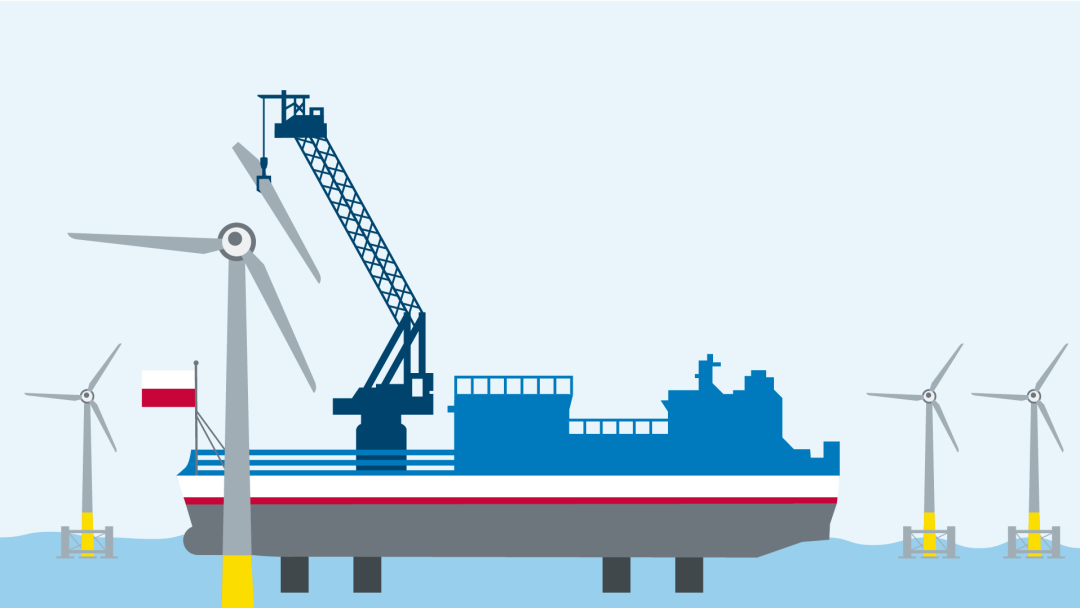 Illustration shows the construction of an offshore wind farm by a ship using a crane to install a blade on the wind turbine