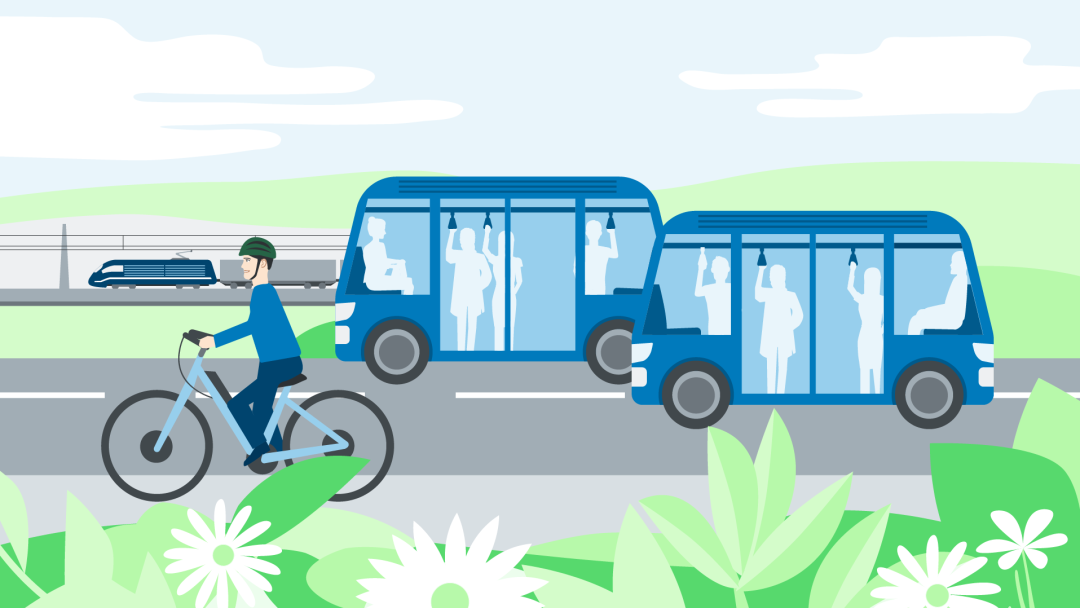 Illustration zeigt nachhaltige Verkehrsmittel: Zwei Busse, ein Zug und ein Fahrrad