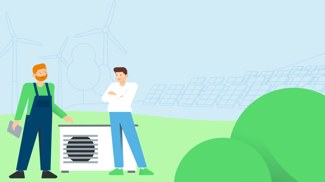 Zwei Personen stehen vor Solarpanelen, neben ihnen eine Wärmepumpe.