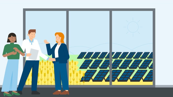 Illustration of three people signing a contract in a building. A field with solar panels can be seen through the window. 