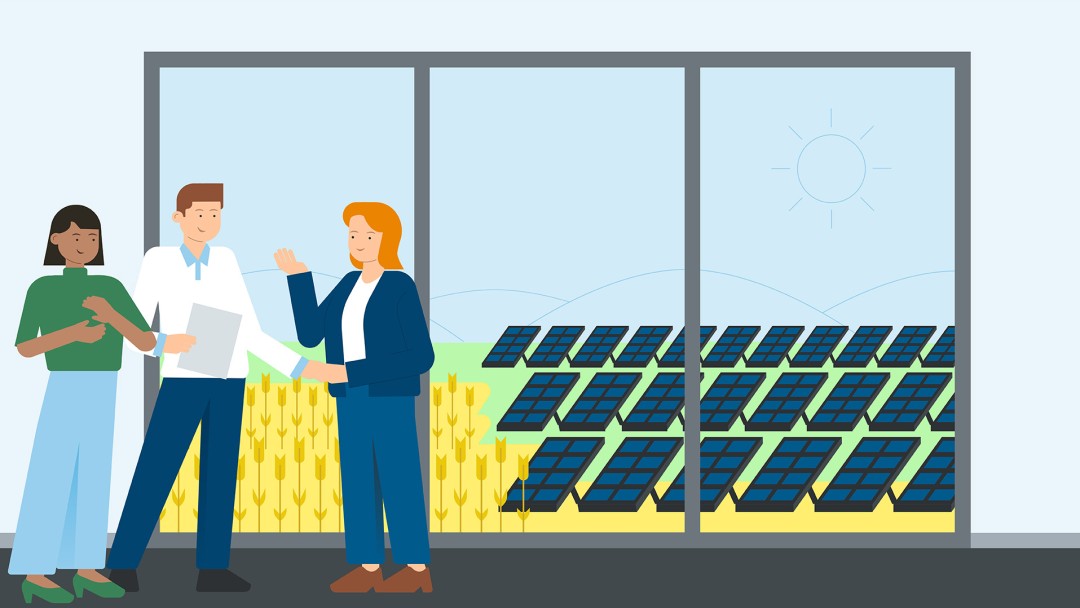 Illustration of three people signing a contract in a building. A field with solar panels can be seen through the window. 