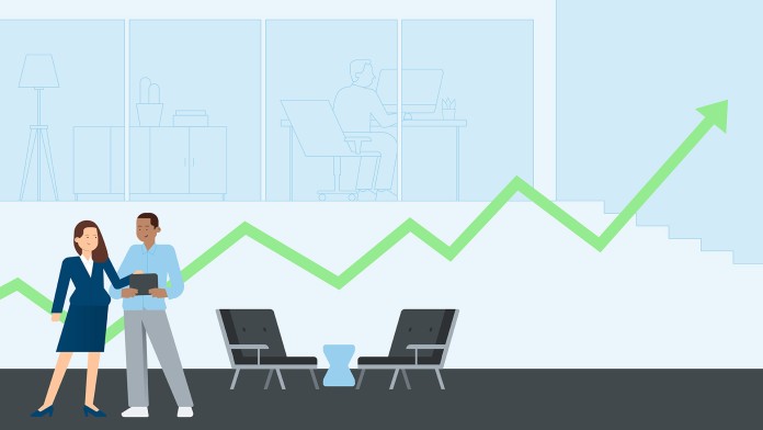 Illustration shows two people in the foreground. Behind them is a rising graph and a person sitting at a desk.