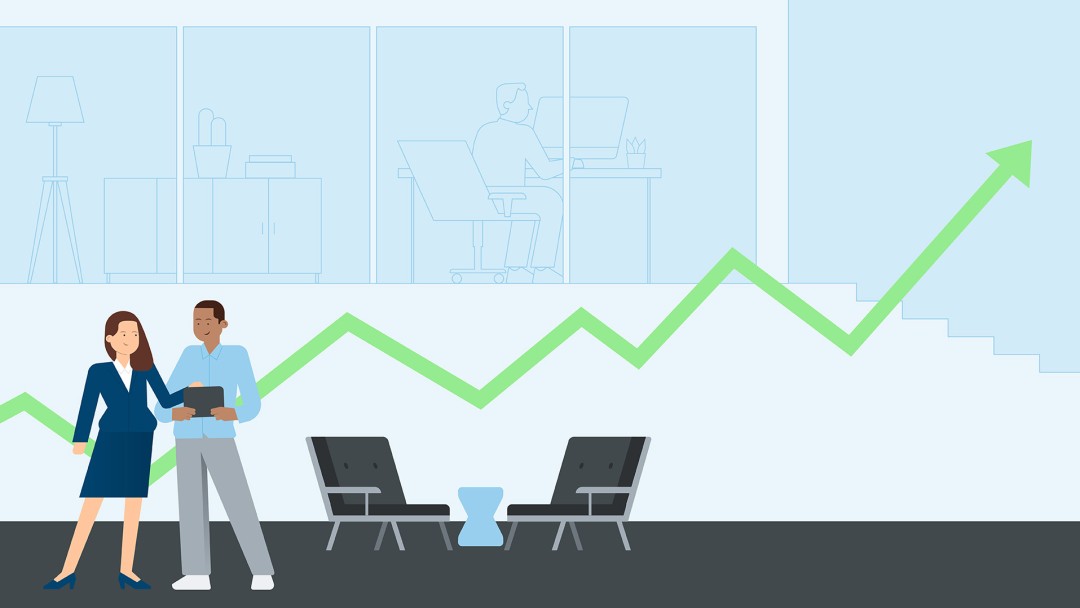 Illustration shows two people in the foreground. Behind them is a rising graph and a person sitting at a desk.