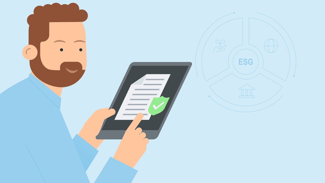 Person holding a tablet. Behind it is an illustration showing ESG criteria.