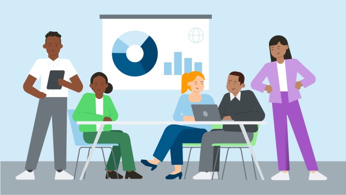 Illustration shows a team of employees sitting and standing at a table, with a presentation behind them
