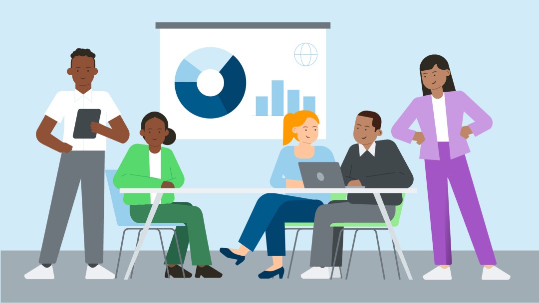 Illustration shows a team of employees sitting and standing at a table, with a presentation behind them