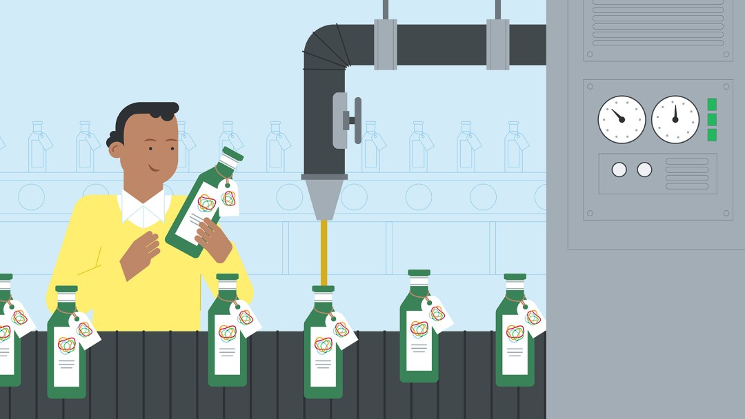 Worker in a factory filling oil into bottles on an assembly line.